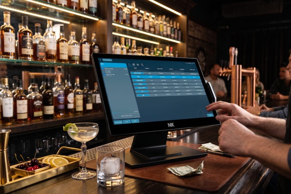 A bartender working quickly at a POS station behind a busy bar
