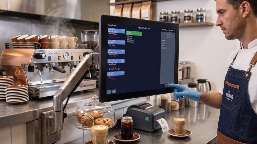 A kitchen display system screen mounted in a coffee shop kitchen showing order tickets