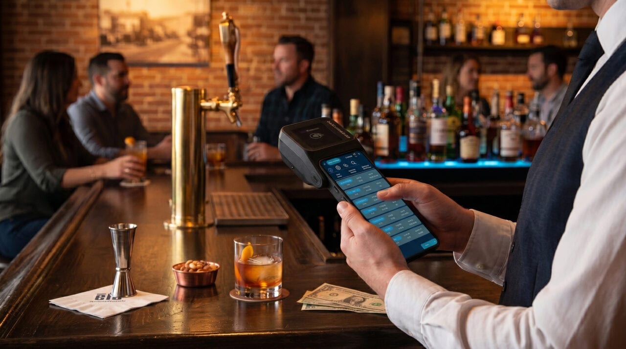 NX Restaurant handheld POS in use behind a busy bar.