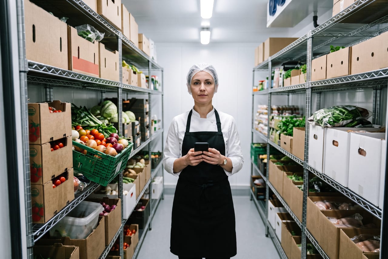 Chef in a walk-in cooler stocked with produce, holding a phone to count inventory.