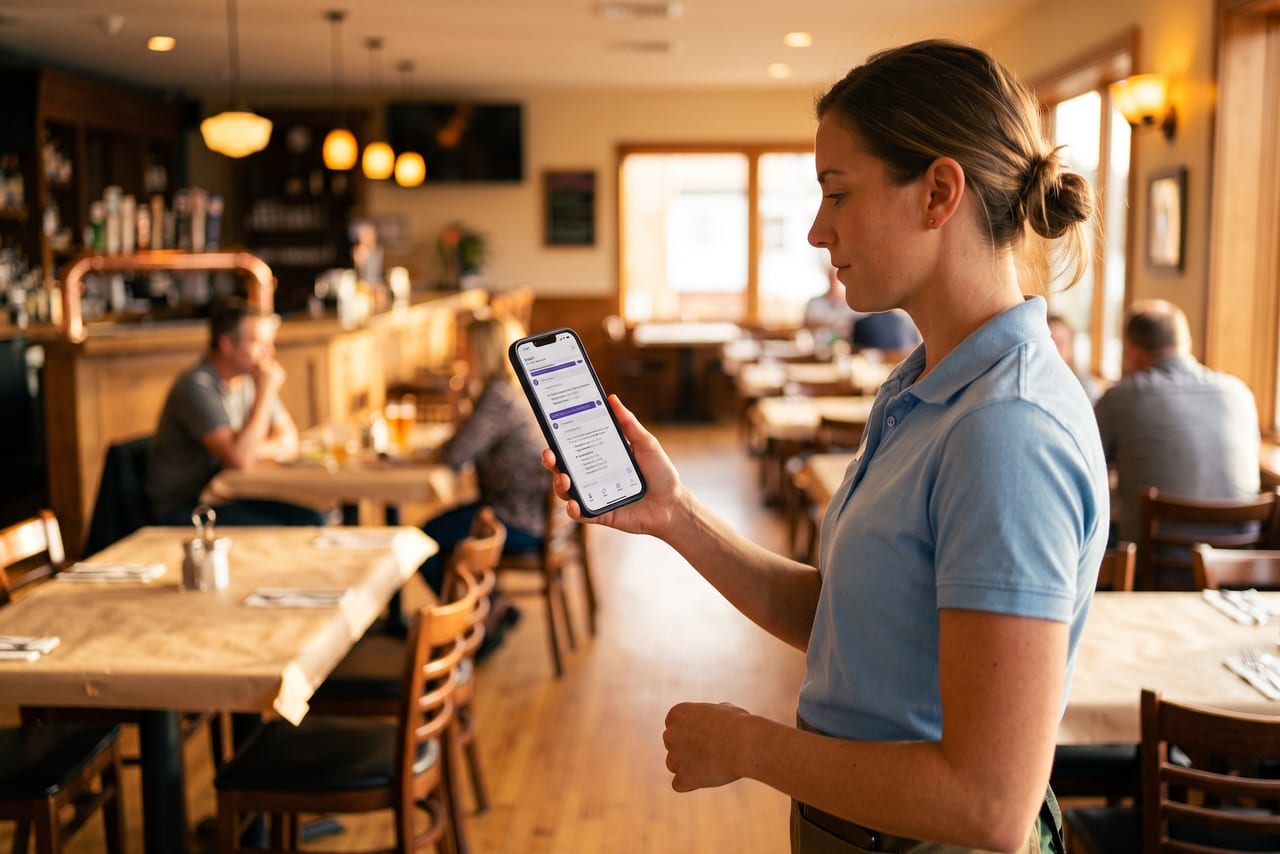 Server in a sunlit dining room asking Nexy a question in the NX Mobile app on her phone.
