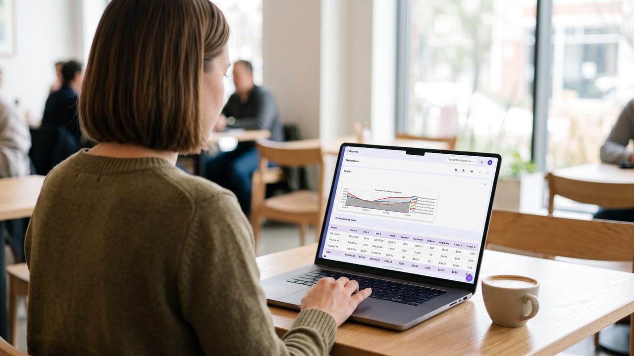 Manager reviewing an NX performance report with a sales chart and table on a laptop.