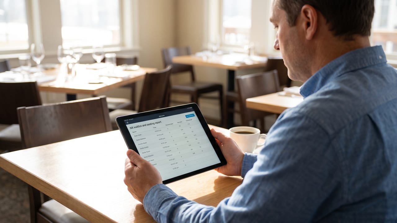 Manager at an empty dining table reviewing the NX waitlist and seating report on a tablet.