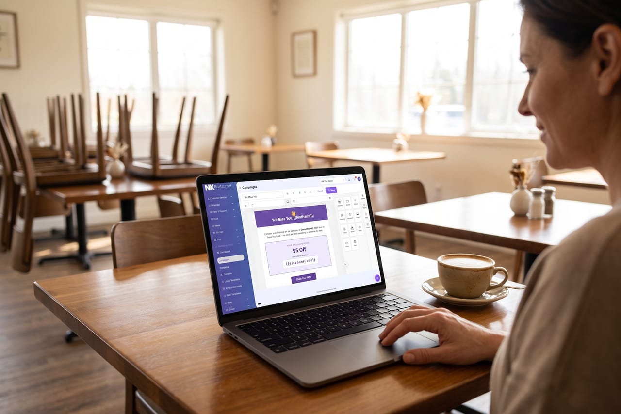 Owner at a café table building a $5-off email campaign in the NX portal on a laptop.