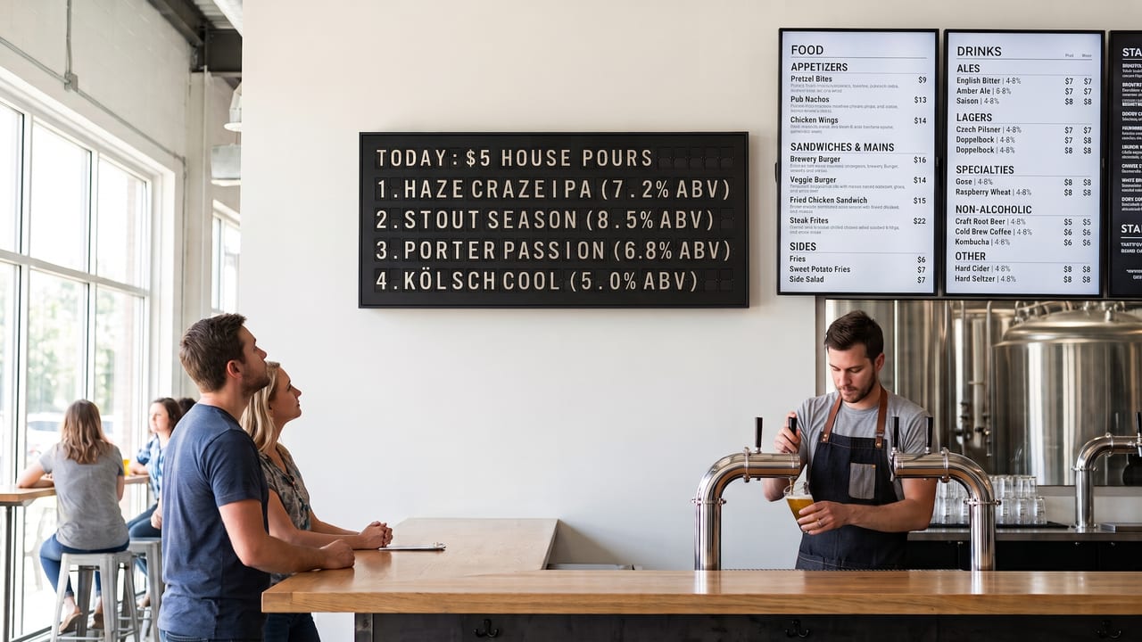 Taproom with a split-flap board listing today's house pours beside digital food and drink menu boards.